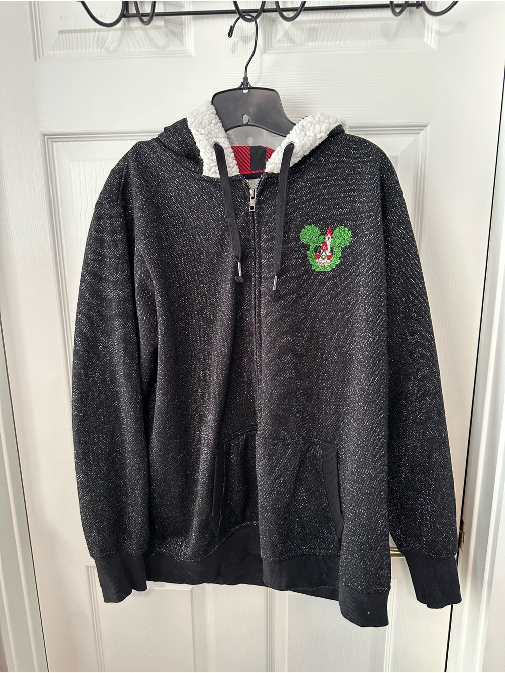 Disney Black Sherpa-Lined Zip-Up Hoodie with Green & Red Mickey Embroidery